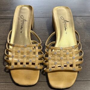 Annie Gold Strappy Sandals with Rhinestones